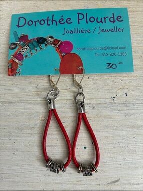 Red Leather Loop Earrings with Silver Accents